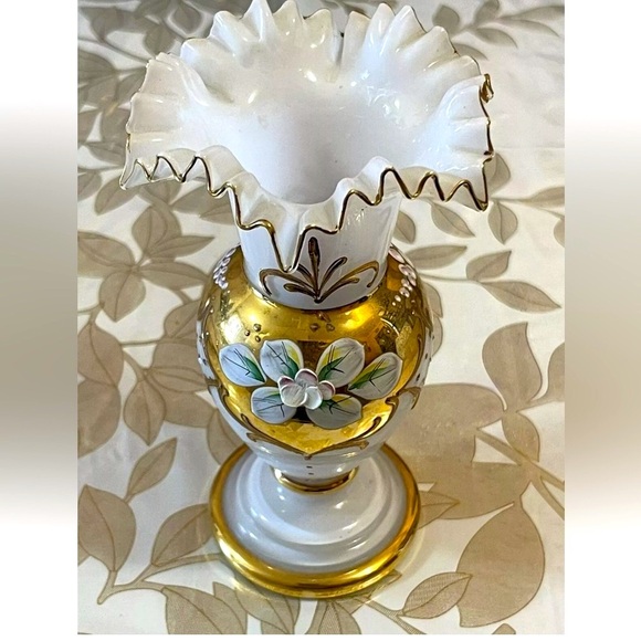 Vintage Czech Bohemian Enamel White Gold Glass Floral Raffle Vase 6” - Picture 1 of 7